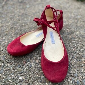 Tie-Ankle Red Suede Ballet Flats